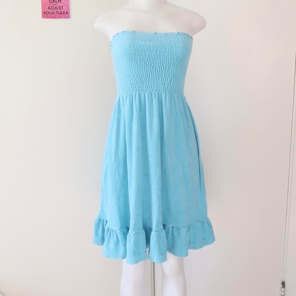 venus light blue smocked strapless terry cloth mini dress size m